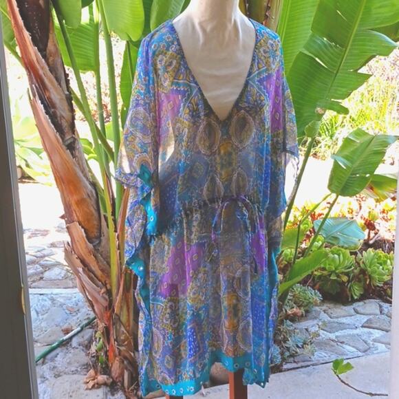 EXOTIC BEACH COVERUP Turqouise Sequins PLUS SIZE Paisely Gypsy Mirror One Size - Picture 1 of 10
